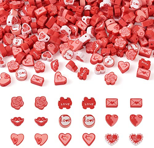 Boutigem 270 Stück Valentinstags-Perlen mit Herzen, handgefertigt, Polymer-Ton-Perlen, Rosenlippe, Umschlag-förmige Perlen für Schmuckherstellung, Valentinstagsmotiv