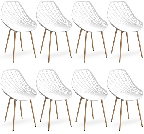 LEWE 8er Set Gartenstühle Wasserdicht, mit Netz Armless Rückenlehne und verstellbaren Holzfüßen, stabile Terrassenstühle, Outdoor & Indoor Stühle, für Esszimmer, Terrasse, Balkon - Weiß