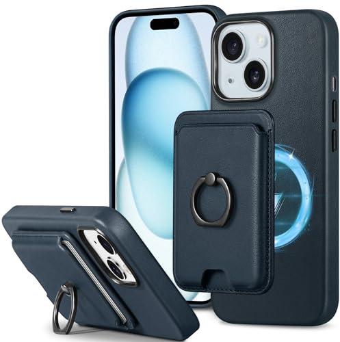 SHIELDON Handyhülle für iPhone 15 Hülle Echt Leder Kartenhalter [Ständer] [RFID] [Magnetisch] [Fingerhalter] [Kartenhalter] Wallet Case 2IN1 Schutzhülle Zubehör Kompatibel mit iPhone 15 6,1 Marineblau