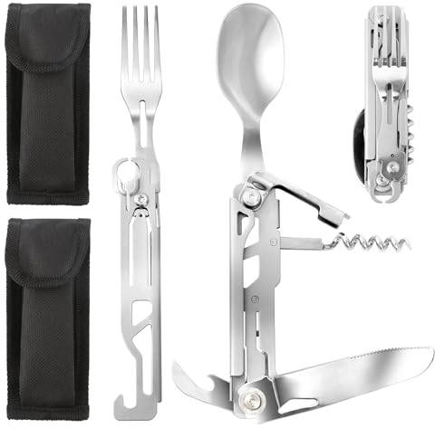 2 Stück 6 in 1 Outdoor Reisebesteck, Edelstahl Camping Besteck, Campingbesteck Klappbar, Detachable Besteck Für Unterwegs, Multitool Klappbesteck für Camping, Wandern, Reisen, Mit Oxford-Tasche
