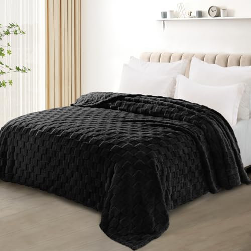 Exclusivo Mezcla Coperta Plaid Pile di Flanella per Divano, 220x240 CM Coperta Letto Matrimoniale con Motivo a Scacchi, Morbida e Calda, Nero