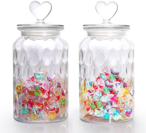 HomeyHoney 45 oz Clear Glass Heart Shaped Jars, Cute Candy Jars with Heart shaped Airtight Lids, Decorative Glass Canisters with Airtight Lids for Candy Cookie, Drops / 2 Packs