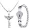 Flongo Lock Bracelet and Key Necklace Set: Couples Wings Heart Crystal Key Pendant Jewelry Matching Cuban lock bracelet Stainless Steel - Romantic Valentine's Day Jewelry Set for Girlfriend Boyfriend