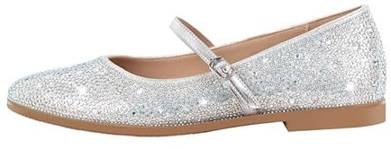 Low Block Heels for Women Flat Pumps Slip On Women's Flats Ballet Flats with Rhinestones Ballerinas Flat Shoes Dressy Shoes for Women Round Toe Flats Soft Leather Shoes Silver Size 2