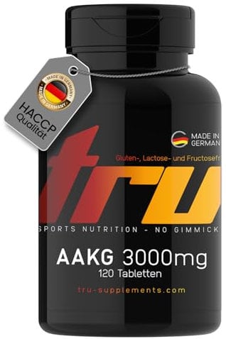 AAKG 3000mg Tagesdosis - 120 Tabletten - Hochdosiert - L-Arginin-Alpha-Keto-Glutarat - Pre-Workout Supplement - TRU Sports Nutrition - 100% Vegan | Herstellung & Laborprüfung in Deutschland