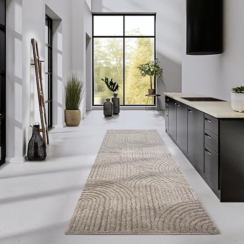 Elle Decoration Hochflor Teppich Chappe – Moderner Wohnzimmerteppich Läufer, Langflor Shaggy, Modernes Muster, Flauschig Weich Boho für Wohnzimmer, Schlafzimmer – Beige, 80x240cm