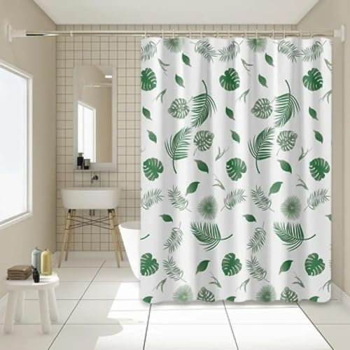 AJALGZ Rideau de Douche Blanc avec 12 Crochets pour Cabine de Douche et baignoires, Rideau de Douche décoratif à Feuilles Vertes, Largeur x Hauteur:150x223 cm