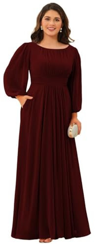 PUXIU Women's Long Sleeve Crew Neck Bridesmaid Dresses Plus Size Chiffon Formal Evening Gowns with Pockets PU184, Burgundy, 20