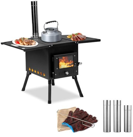 Outopee Camping Wood Stove, Outdoor Portable Tent Wood Burning with Stainless Chimney Pipes, Tent Stove Jack & Gloves for Outdoor Camping Cooking and Heating 1-2 People Use