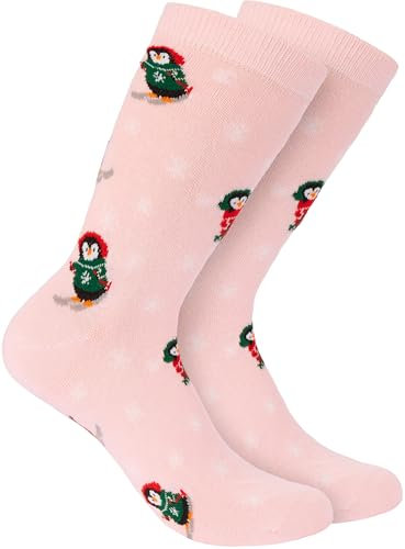 BRUBAKER 6 Paar Weihnachtssocken für Damen und Herren - Ski Pinguine Rosa - Baumwolle Socken Weihnachten - Größe 35-40