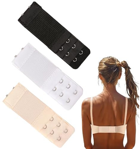 AKIKLIBR 3 Pcs Bra Extenders, Stainless Steel Hook Stretchy Women's Bra Extenders, Soft and Comfortable Bra Strap Extender with 2 Hooks 3 Row Bra Extension for Girls-Black, White, Skin Color