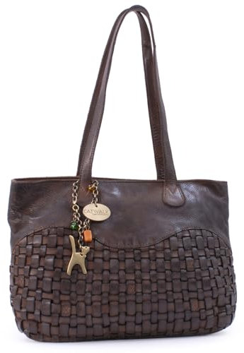 Catwalk Collection Handbags - Damen Gewebte Leder Schultertasche Mittelgroß - Handtasche für Notizbuch A5 mit Viele Fächer - Matilda - Braun