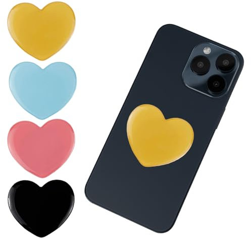 4-Pack Phone Ring Holder Grips with Heart Design, Black, Pink, Blue, Yellow, Phone Grip with Expanding Kickstand, Foldable Stand, Finger Holder, Compatible with Smartphones and Tablets (Solid Color)