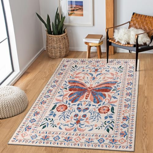 TUKDAK Schmetterling Teppich Wohnzimmer 120x180cm, Moderner Kurzflor Teppich Schlafzimmer, Waschbar Anti-Rutsch Teppiche Teppichen für Kinderzimmer, Orientalischer Teppiche, Frühling Sommer