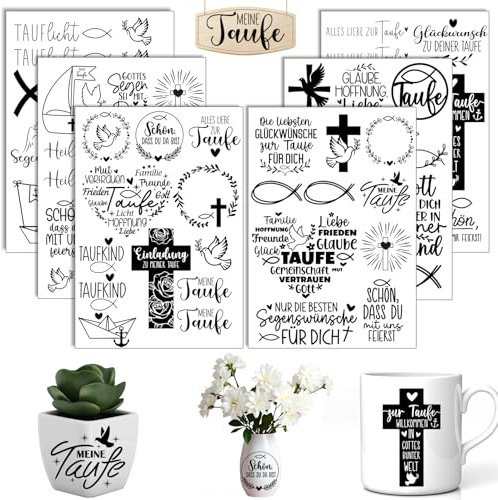 Rub On Sticker Taufe, 6 Stück A5 Rub On Aufkleber, Folie Transferaufkleber, für Möbel, Glas, Holz, Scrapbooking, DIY Basteln Deko (Taufe)