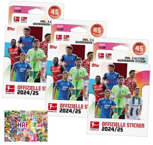 Bundle mit Topps Bundesliga Sticker 2025 - Fußball Sammelsticker - 3 Blister + Exklusive Geburtstagskarte