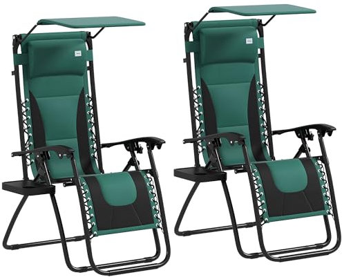 Outsunny Zero Gravity Lounger Chair Set of 2, Folding Reclining Patio Chair with Shade Cover, Padded Seat, Cup Holder, Soft Cushion and Headrest for Poolside, Camping, Green
