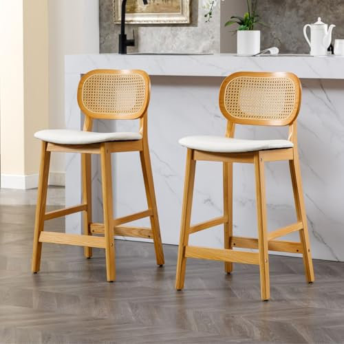 Ya-Home Lot de 2 Tabourets de Bar en Bois Chaise de Bar Rotin Tabourets de Cuisine Confortable en Cuir PU Chaise Bar avec Repose-Pieds, Blanc