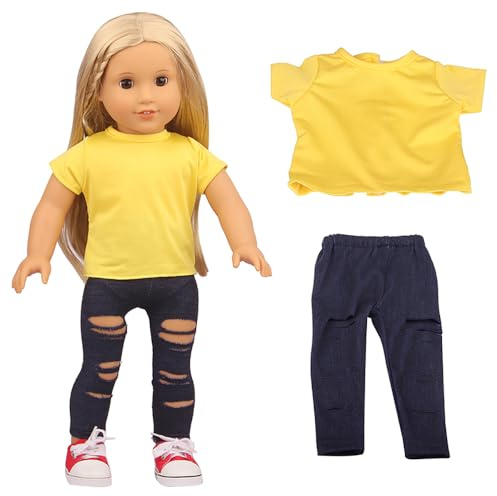 DUORUIMI Puppen-Kleidung für den Sommer, einfach und lässig, T-Shirt, Jeans, zerrissene Hose, für amerikanische Puppen, 45,7 cm