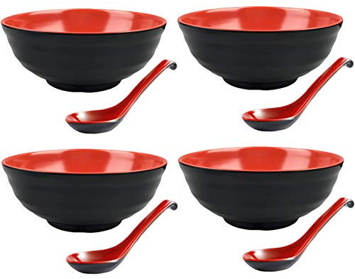 Juego de 4 tazones Grandes de plástico Duro para Sopa de Fideos Ramen japoneses de 1,5 litros con 4 cucharas a Juego para Fideos Udon, Soba, Pho y Cereales asiáticos.