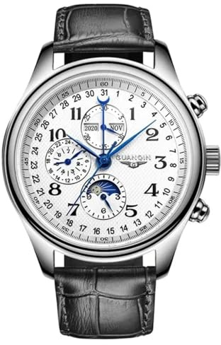 Guanqin Herren Multifunktions Automatik Selbstaufzug Mechanische Uhr Saphirglas Business Mondphase Ewiger Kalender Wasserdichte Uhr Mann Edelstahl oder Lederband Armbanduhr