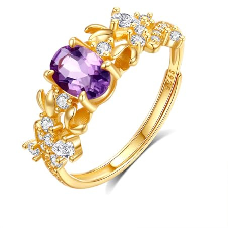 Damen Ring mit Lila Amethyst/Grün Peridot/Rot Granat/Topas/Citrin, Ring mit Elliptisch Edelstein in s925 Sterling Silber, Frauen Mädchen Schmuck, Gold Farbe (Lila Amethyst)