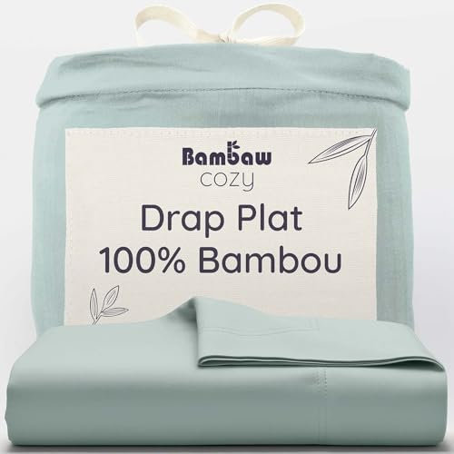 Bambaw Drap Plat 2 Personnes Bambou 240x290 cm, Linge de Lit Bambou Anti Acariens et Hypoallergénique, Drap Eté et Hiver Thermorégulateur, Certifié Oeko-Tex (Vert d’Eau)