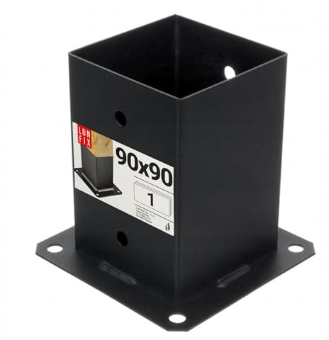 LUN FIX Pfostenträger 90x90 mm, Bodenhülse Schwarz, Pfostenverbinder | Aufschraubhülse Zum Aufschrauben, Pfostenschuh Und Pfostenanker Für Holzpfosten, Mit Ankerplatte Aus Verzinktem Stahl, 2 mm