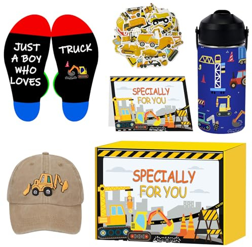 Cogavoo Excavator Gifts, 6PCS Valentine Birthday Gifts for Teen Teenage Boys, Excavator Gift Set Includes 12 OZ Water Bottle, Hat, Sock, Stickers, Greeting Card