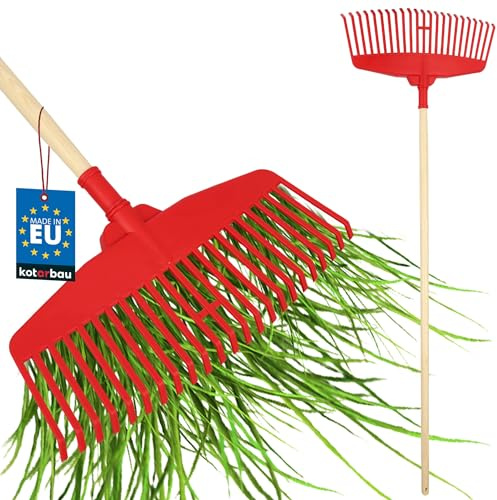 KOTARBAU® Laubrechen Kunststoff - 48 cm - mit Holzstiel 1,5 m - Extra-Click - Heurechen - Laubharke - Rechen für Herbstlaub & Heckenschnitt - Gartenrechen - Kunststoff - Rot & lackiertes Holz