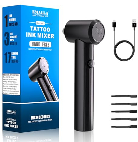 EMALLA Rechargeable Tattoo Ink Mixer with 3 Modes Adjustable Speed Professional Tattoo Pigment Blender with 100 Mixing Sticks(Black)