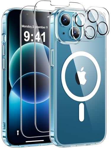 ivencase for iPhone 13 Mini Case with 2 Pack Screen Protector and 2 Pack Camera Lens Protector, Compatible with MagSafe, Shockproof Protective Clear Back Phone Case for iPhone 13 Mini -Clear