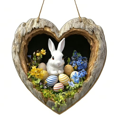 Osterhase Türschild aus Holz,30cm Osterdeko zum Aufhängen,Bunt Türdeko Frühling, Easter Decoration Eingangstür, Türschmuck Willkommen für Haustüren, Wände, Fenster (D)