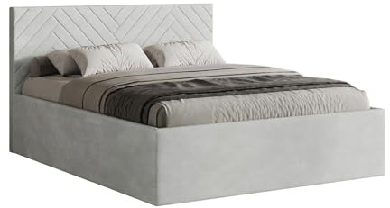 Meblofun Polsterbett ABETE mit Kopfteil, 180x200 cm, Doppelbett mit Bettkasten und Lattenrost aus Holz, Velourstoff, Farbe: Hellgrau