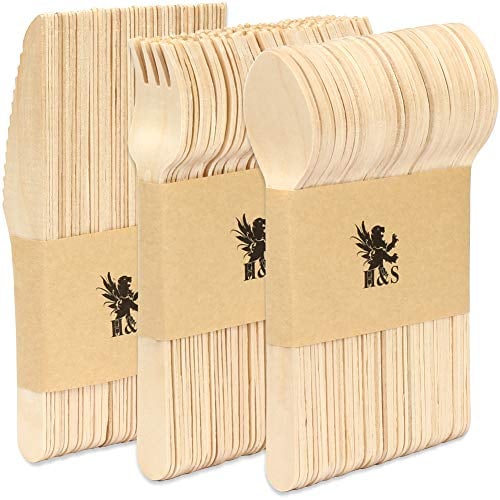 H&S Wooden Cutlery Set - Wood Spoon, Fork and Knife Set - Disposable Cutlery Alternative to Plastic Forks, Spoons, and Knives - Wooden Spoons, Knives, and Forks - 150 Piece Set