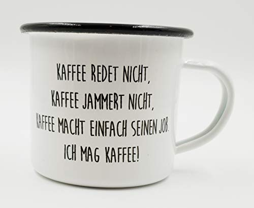 PICSonPAPER Emaille Tasse mit Spruch Kaffee redet Nicht..., Geschenk, Edelstahl-Becher, Metall-Tasse, Campingbecher, Kaffeetasse