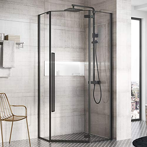 Tudor Bathroom Shower Enclosure Toughened Glass Aluminium Profile Universally Handed Corner Pivot Door Matt Black- 900mm
