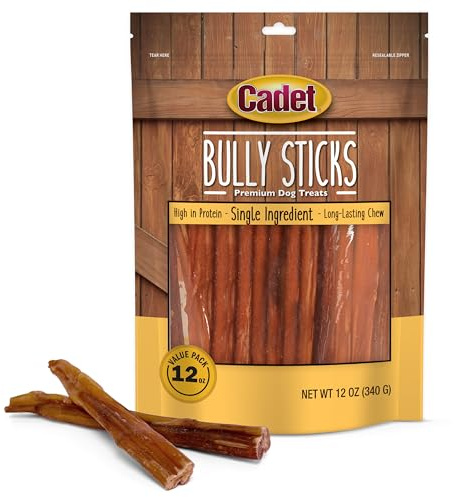 Cadet Bully Sticks for Small Dogs – All-Natural Beef Pizzle, High Protein, Low Fat, Long-Lasting, Grain & Rawhide-Free Dog Chews for Aggressive Chewers, Small (12 Ounce)