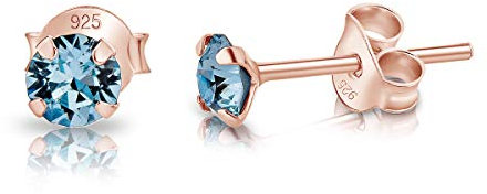 DTPsilver - Winzige Ohrringe 925 Sterling Silber Rosèvergoldet mit Kristallen von Swarovski® Elements Runde Sehr kleine Ohrstecker - Durchmesser 4 mm - Farbe : Aquamarin