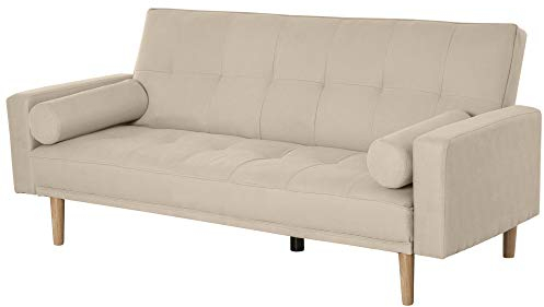 HOMCOM Divano Letto 3 Posti con Schienale Regolabile su 3 Livelli, 2 Cuscini e Braccioli Rimovibili, Beige, 185x84x85cm