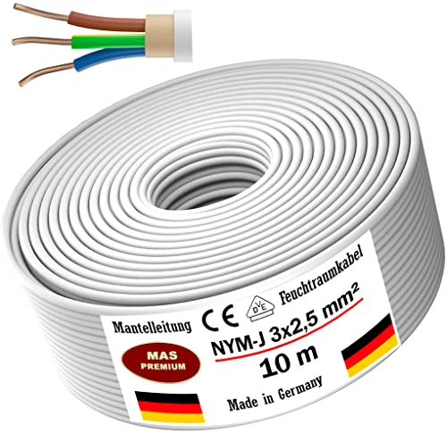 MAS-Premium Cavo Elettrico NYM-J per Ambienti Umidi, 3 x 2,5 mm², Grigio, Conforme alla Norma VDE, 5-100 m