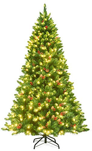 GOPLUS Künstlicher Weihnachtsbaum mit Beleuchtung, 135/195cm Tannenbaum künstlich mit Tannenzapfen & roten Beeren, Christbaum mit Metallständer, für Zuhause, Büro (195cm)