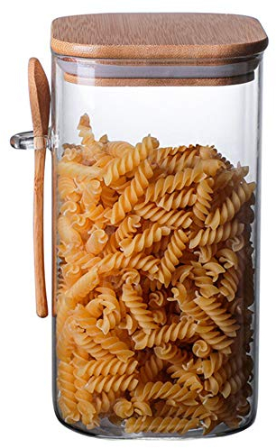OnePine 1200ml Bocal en Verre avec Cuillère en Bois, Bocaux de Rangement en Verre Carré pour Conserver Les épices, Le thé, Le Sucre, Le café