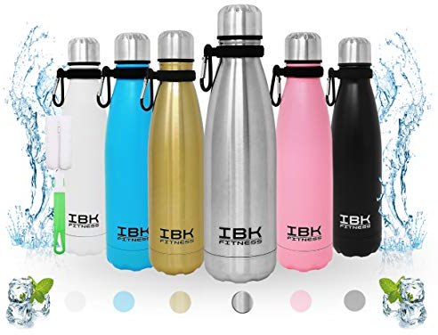 IBK Fitness - Borraccia Termica Portatile 500ML Acciaio Inox senza BPA Bottiglia d’Acqua 24 Ore Freddo e Caldo, Borracce per Scuola, Sport, All'aperto, Palestra, Yoga, con Spazzola pulizia (Argento)