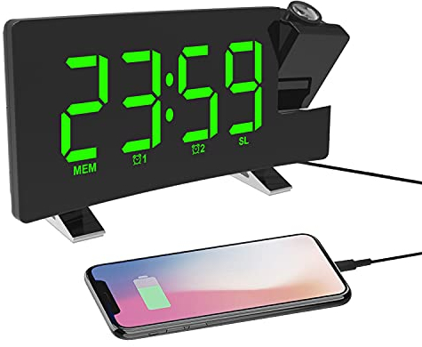 ThreeH Projektionswecker LED-Bildschirm 4 einstellbare Helligkeit Digitale Funkuhr mit USB-Telefon-Ladegerät Wecker mit 2 Wecker Snooze-Funktion Grün