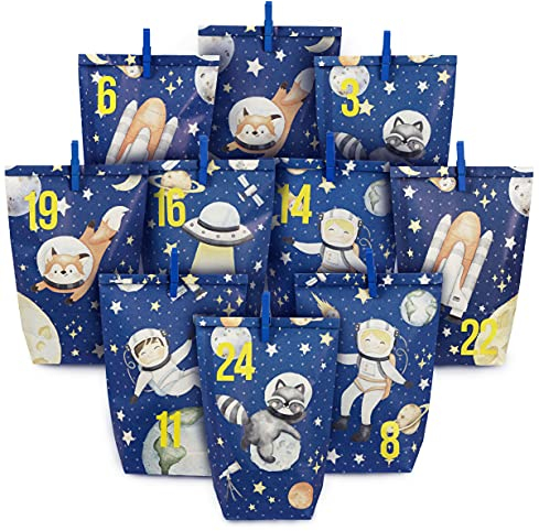 Papierdrachen Extravaganter Adventskalender zum Befüllen - mit 24 blau bedruckten Geschenktüten und 24 Zahlenaufklebern - Motiv Weltall - zum Basteln und Verschenken - Weihnachten & Advent