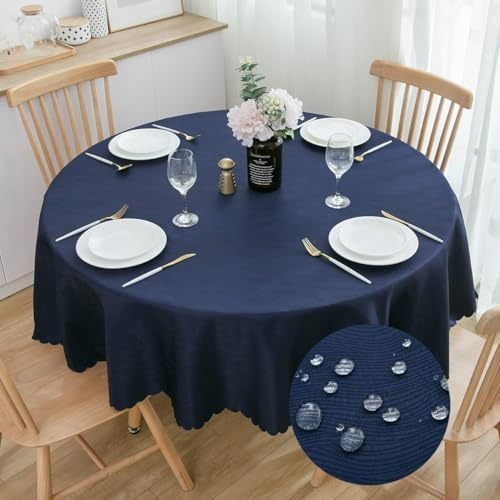Runde Jacquard-Tischdecke 160 cm, Waterflow-Muster, Marineblau | Wasserabweisendes Finish, Maschinenwaschbar, Weiche Jacquard-Struktur, Pflegeleichtes 100% Polyester, Essen und Feiern
