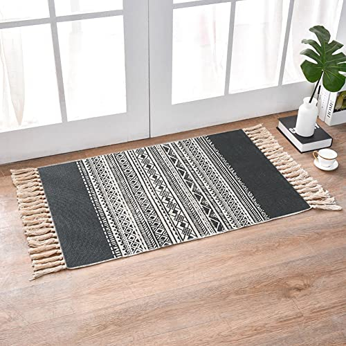 INKAROBOX Teppiche aus Baumwolle mit Quaste Gewebte Baumwolle Wurf Teppich Läufer für Küche, Wohnzimmer, Schlafzimmer, Waschküche, Eingangsbereich (Schwarzer Rand, 60x90cm)