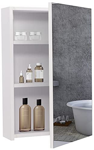 BELIWIN Bathroom Wall-Mounted Mirror Cabinet White, Small Single Mirrored Door Storage Cupboard, Adjustable Height Shelves Storage Unit (40 x 60 x 15 cm)