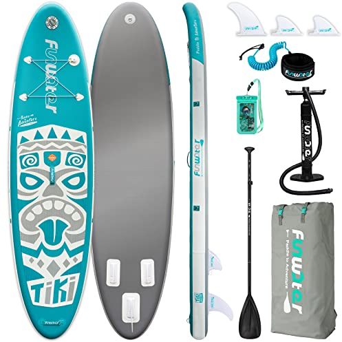FunWater 10'6 & 11'6 Stand Up Paddle Board Multifunktionale Paddelboards mit Flossen, Knochleine, SUP Pump, Paddel, Sup-Rucksack, Für Aller Könnensstufen (10'6 FW Tiki - BLAU & Silber)